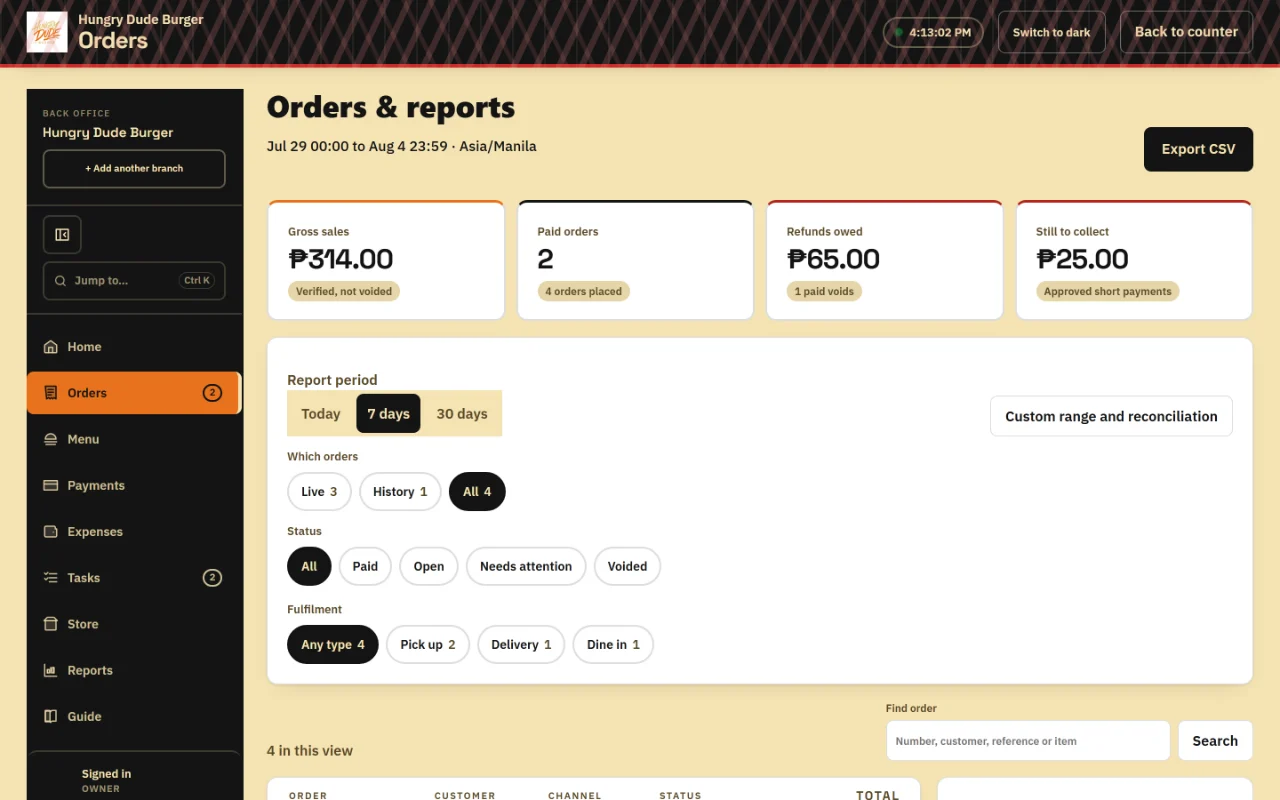 The orders table in the back office, filterable and exportable to the centavo.