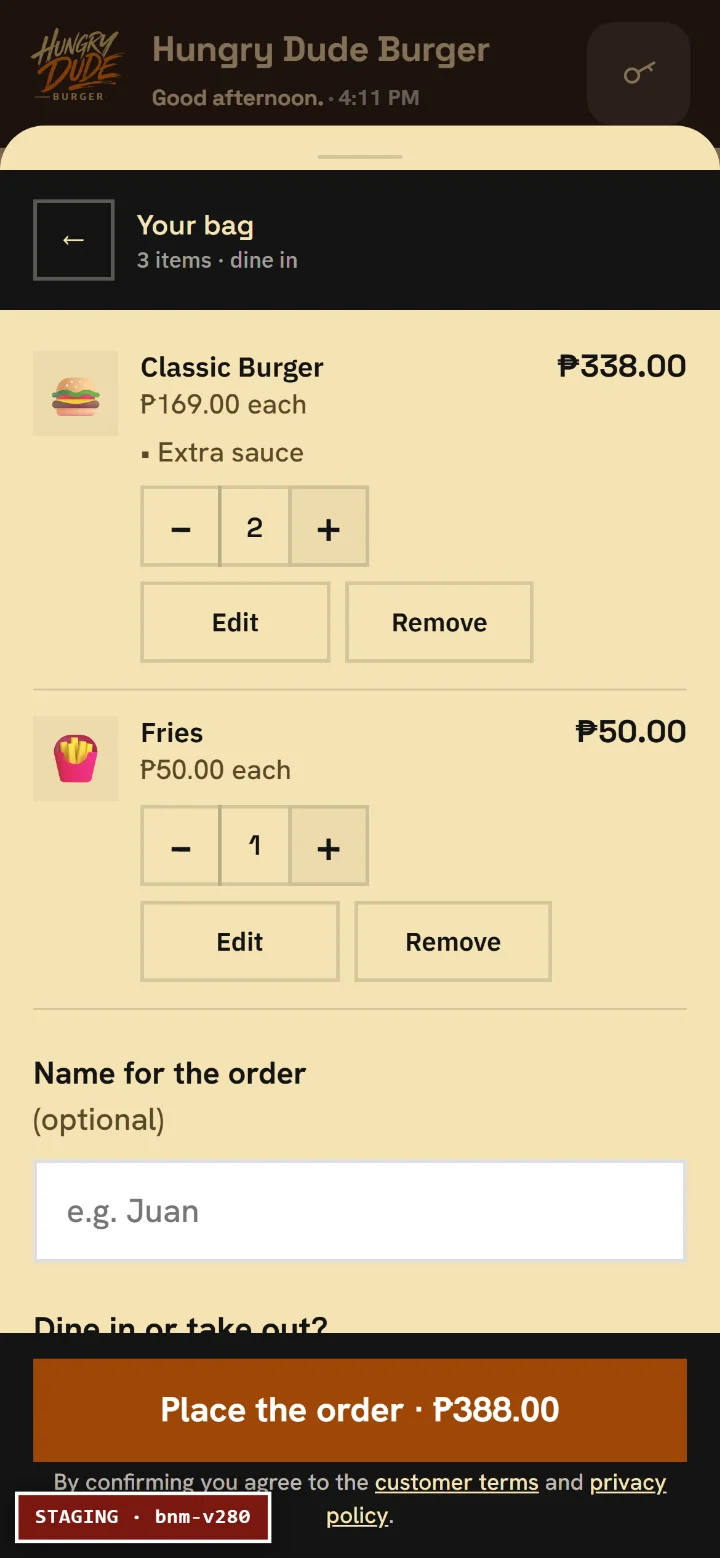 The basket on a phone, showing each item, the fee and the total to the centavo.