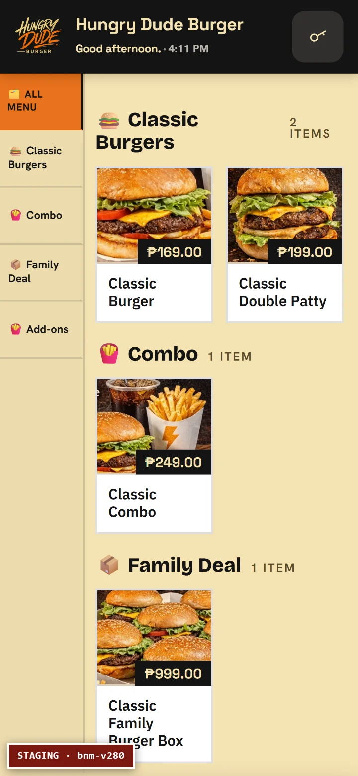 A customer ordering on their phone: the shop's own menu with photos and prices.